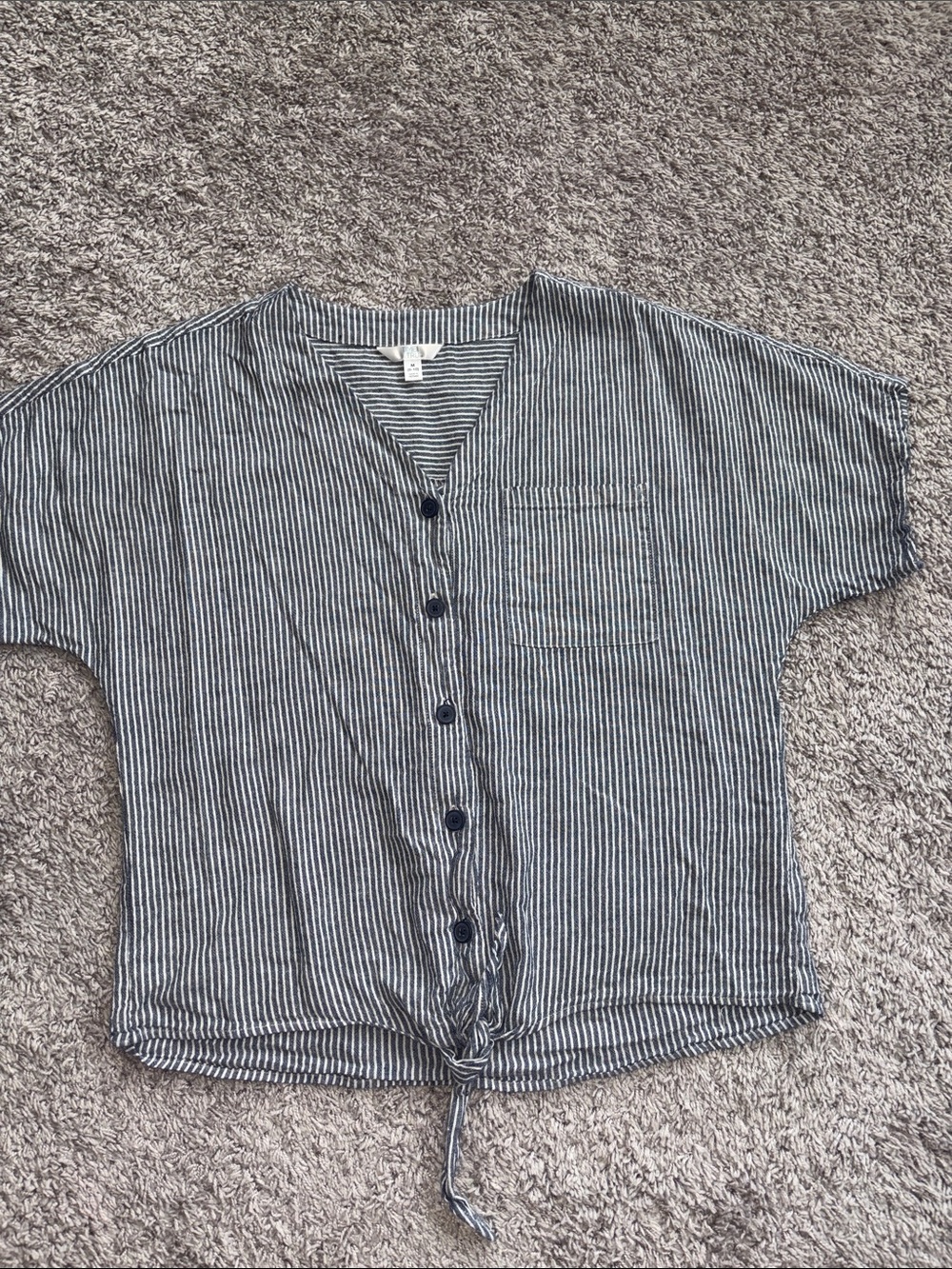 Striped Button Front Tie Hem Top - denim blue & White